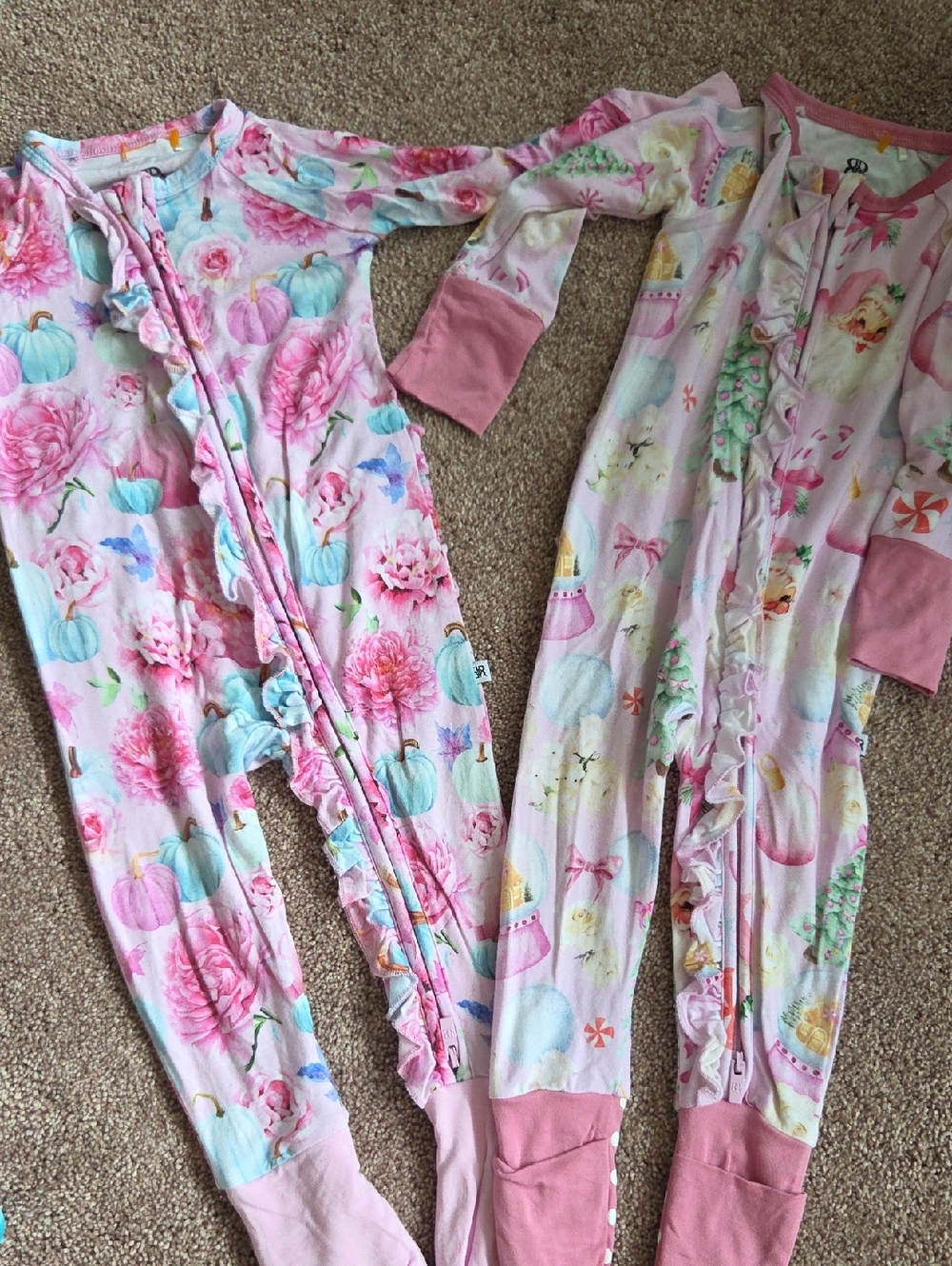 Girls Pink Floral Ruffle Zip Toddler Pajamas - Bums And Roses - Holiday